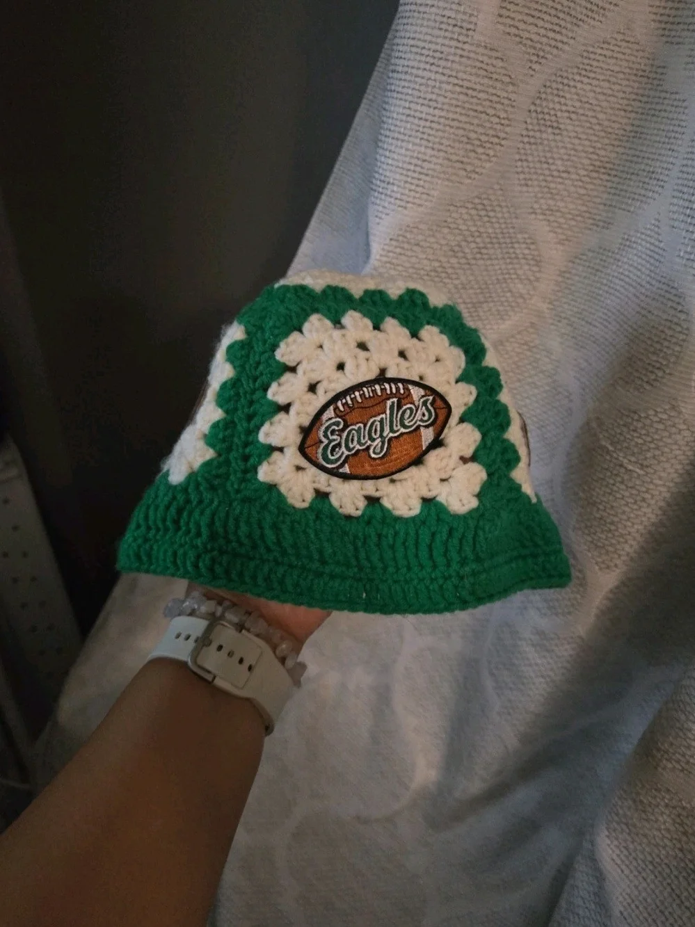 Eagles Green & White Crochet Kids Beanie with Football Patch